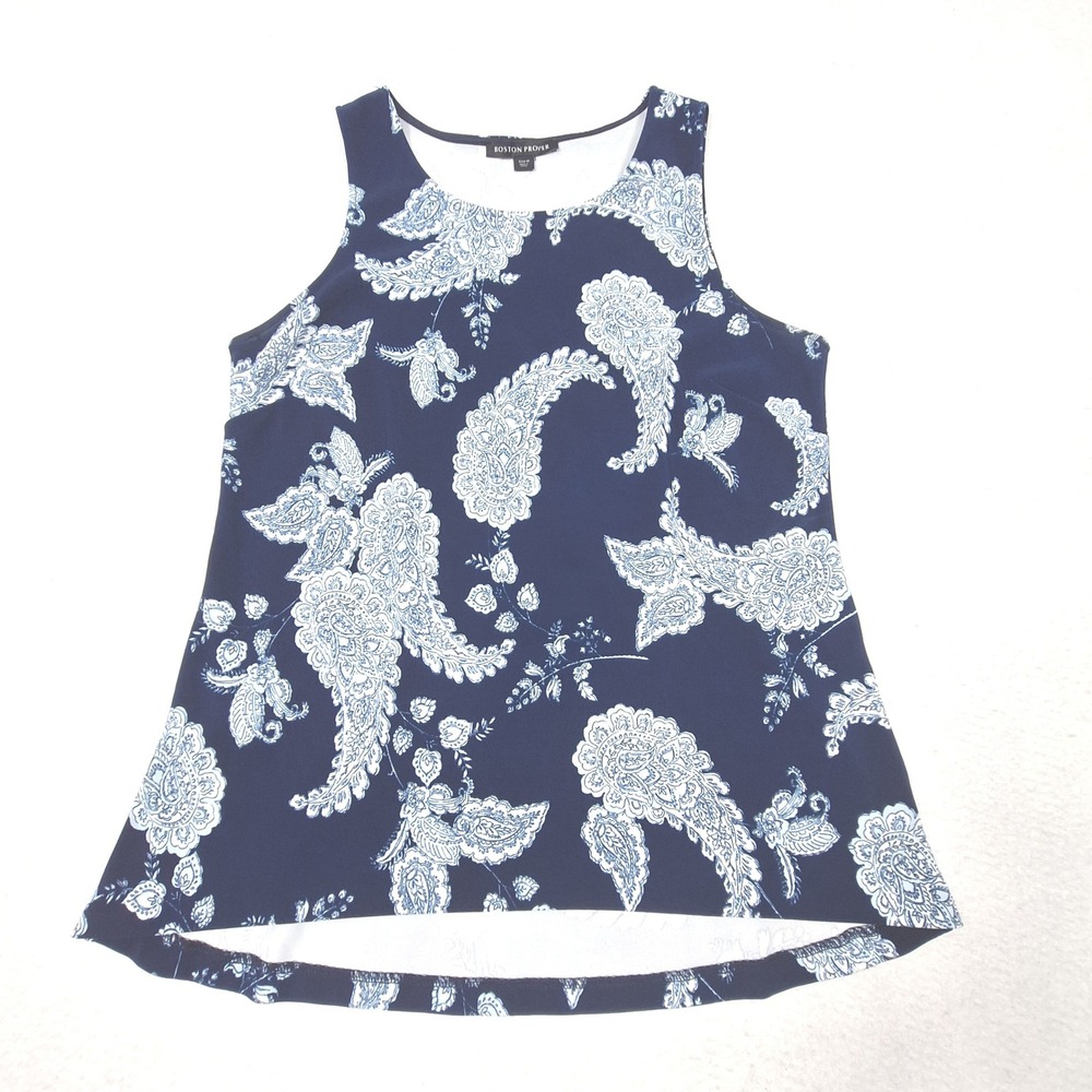 Boston‎ Proper Tank Top Womens Medium Navy Blue Paisley Sleeveless Classic